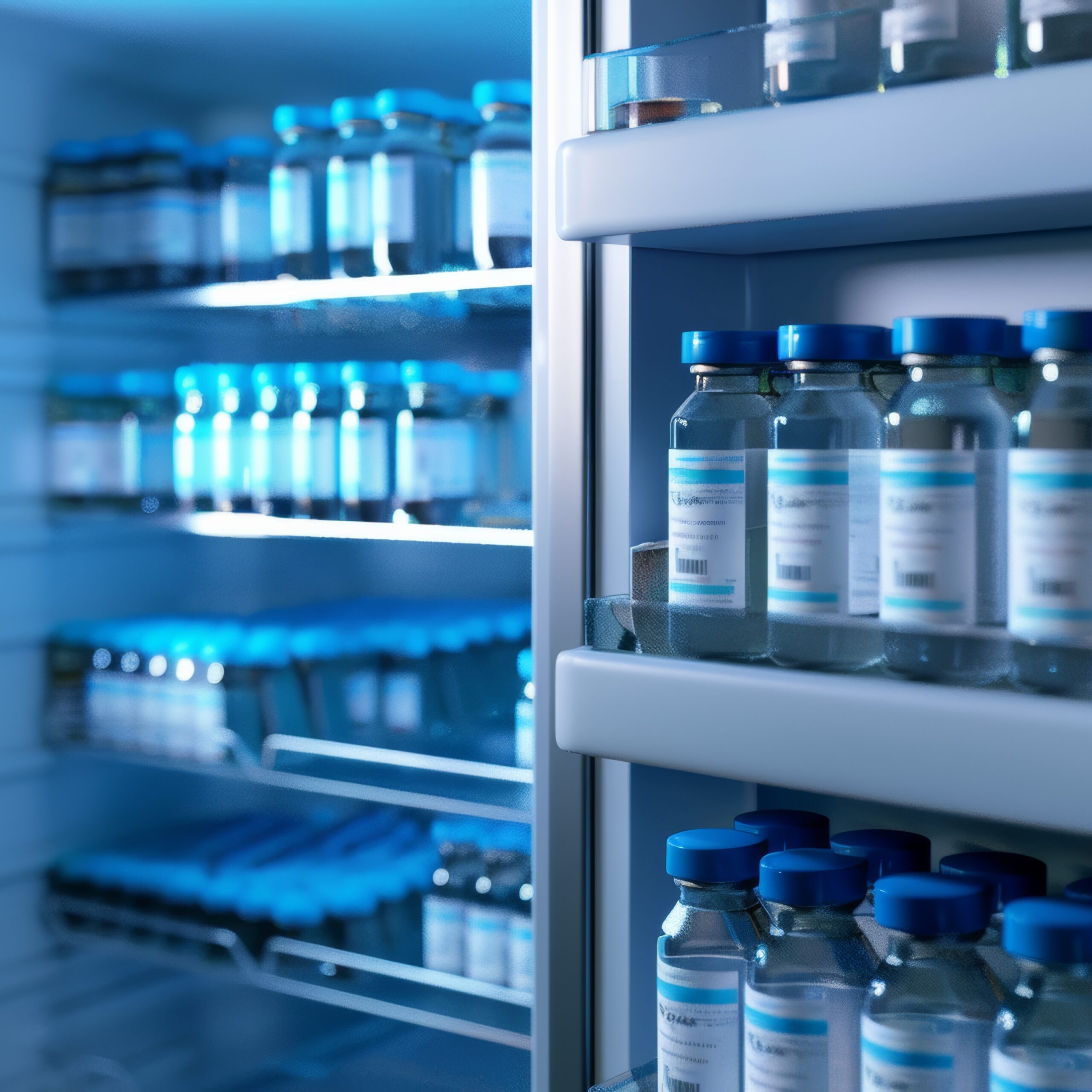 Refrigerator shelves stocked with vials, reflecting biomedical storage.